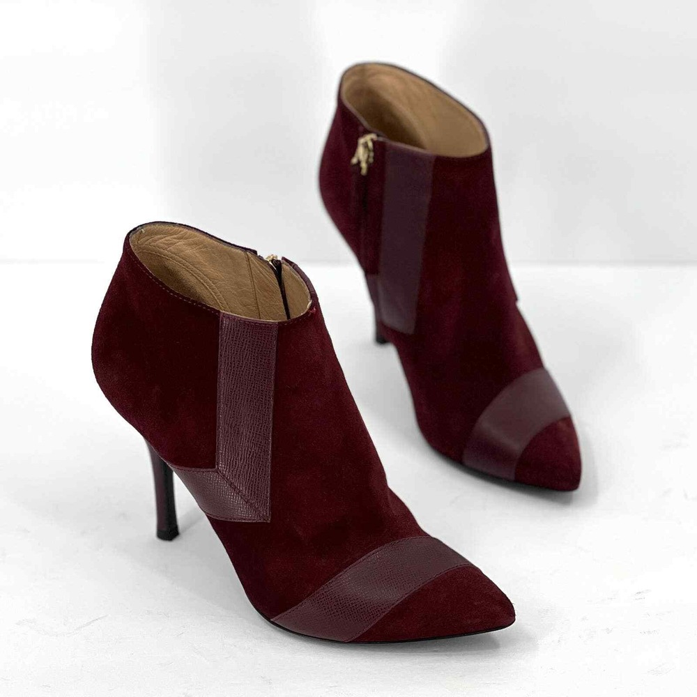 LONGCHAMP Ankle Boots Women 6.5 Burgundy Suede Leather Pointed Toe Stiletto Zip